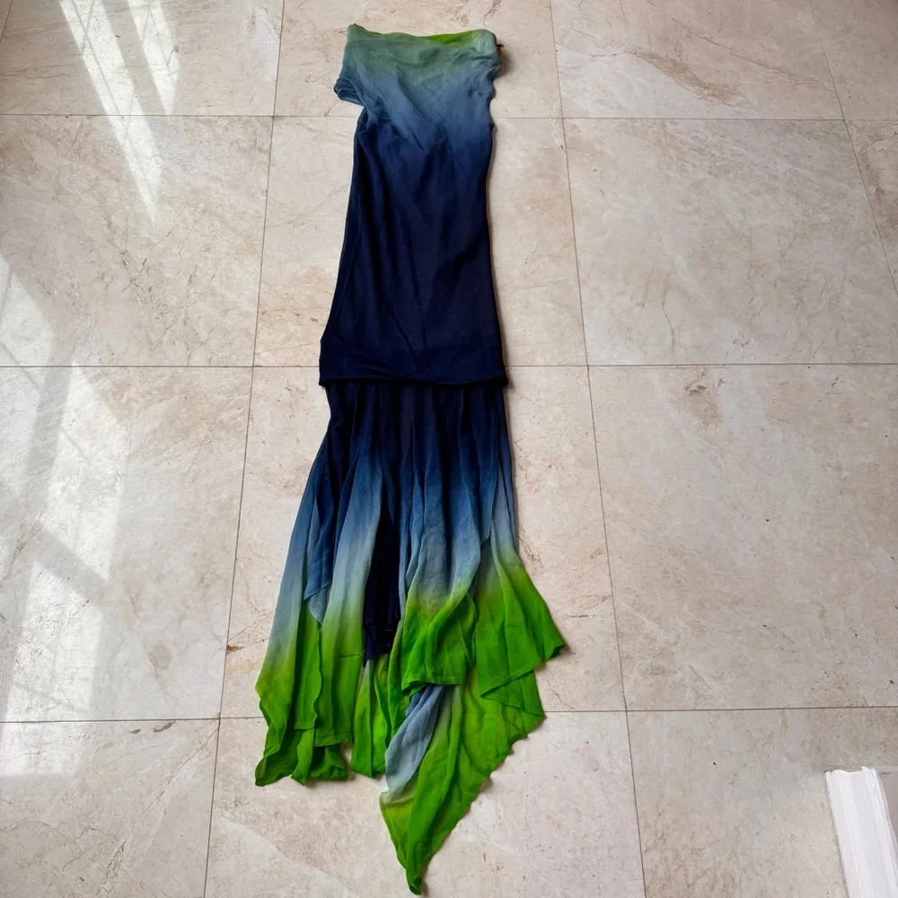 Ferragamo Silk Asymmetrical blue and Green Ombre Maxi Dress size M - Picture 5 of 16